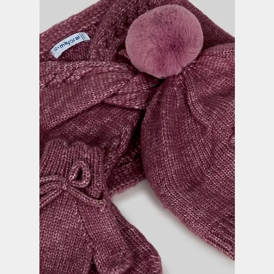 Mayoral Kışlık Kız Bebek Örme Atkı Eldiven Bere Set Koyu Pembe
