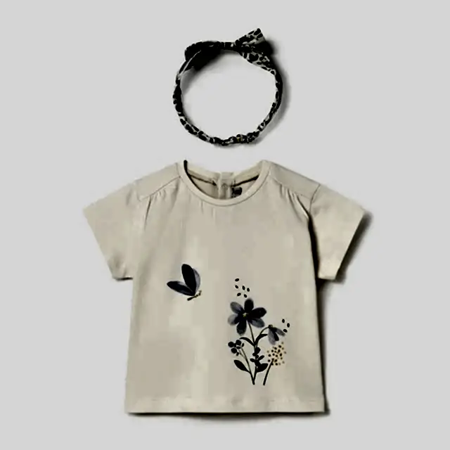 Mayoral Yazlık Kız Bebek Kısa Kol T-shirt Saç Bandı Set Ekru