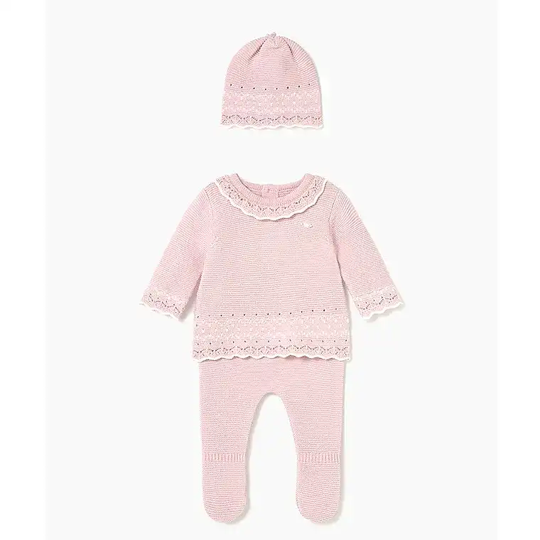 Mayoral Kışlık Kız Bebek Örme Bluz Patikli Pantolon Tulum Bere Set Pembe