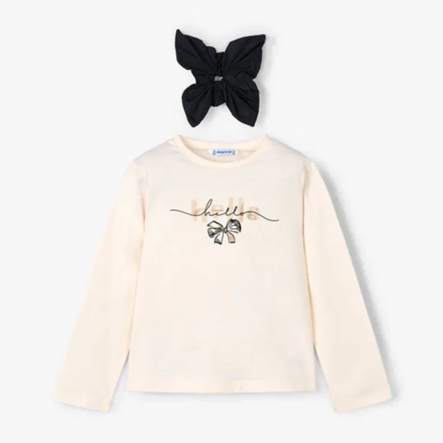 Mayoral Kışlık Kız Uzun Kol T-shirt Saç Tokası Set Ekru