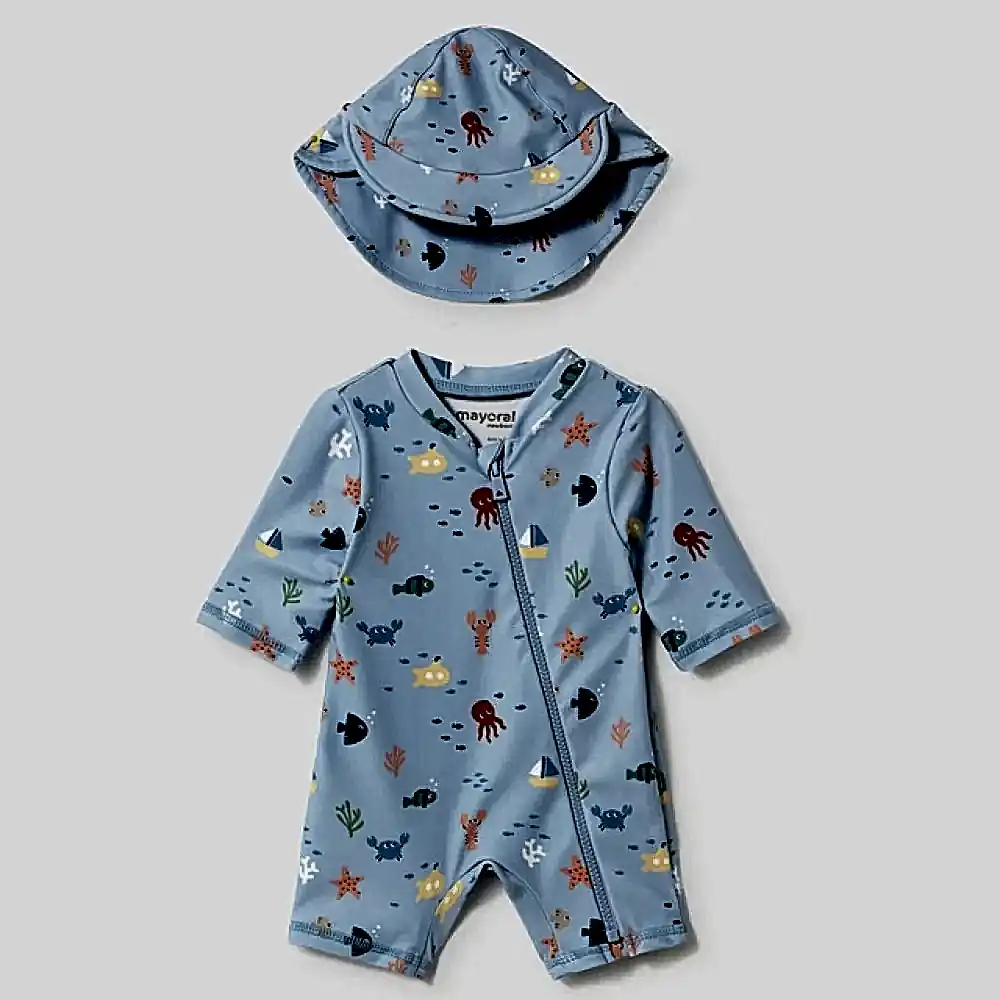 Mayoral Yazlık Erkek Bebek Tulum Mayo Şapka 2'li Set Mavi