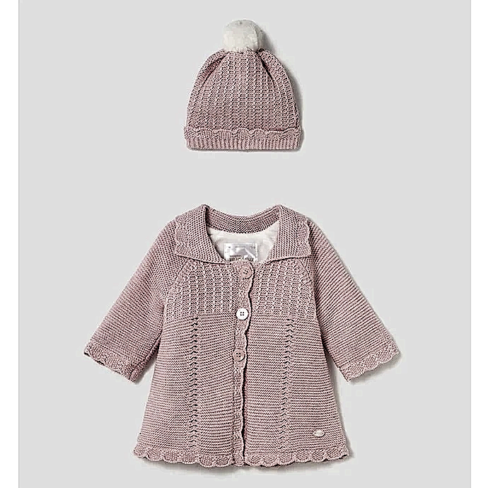 Mayoral Kışlık Kız Bebek Örme Kürklü Uzun Kaban Şapka Set Pembe