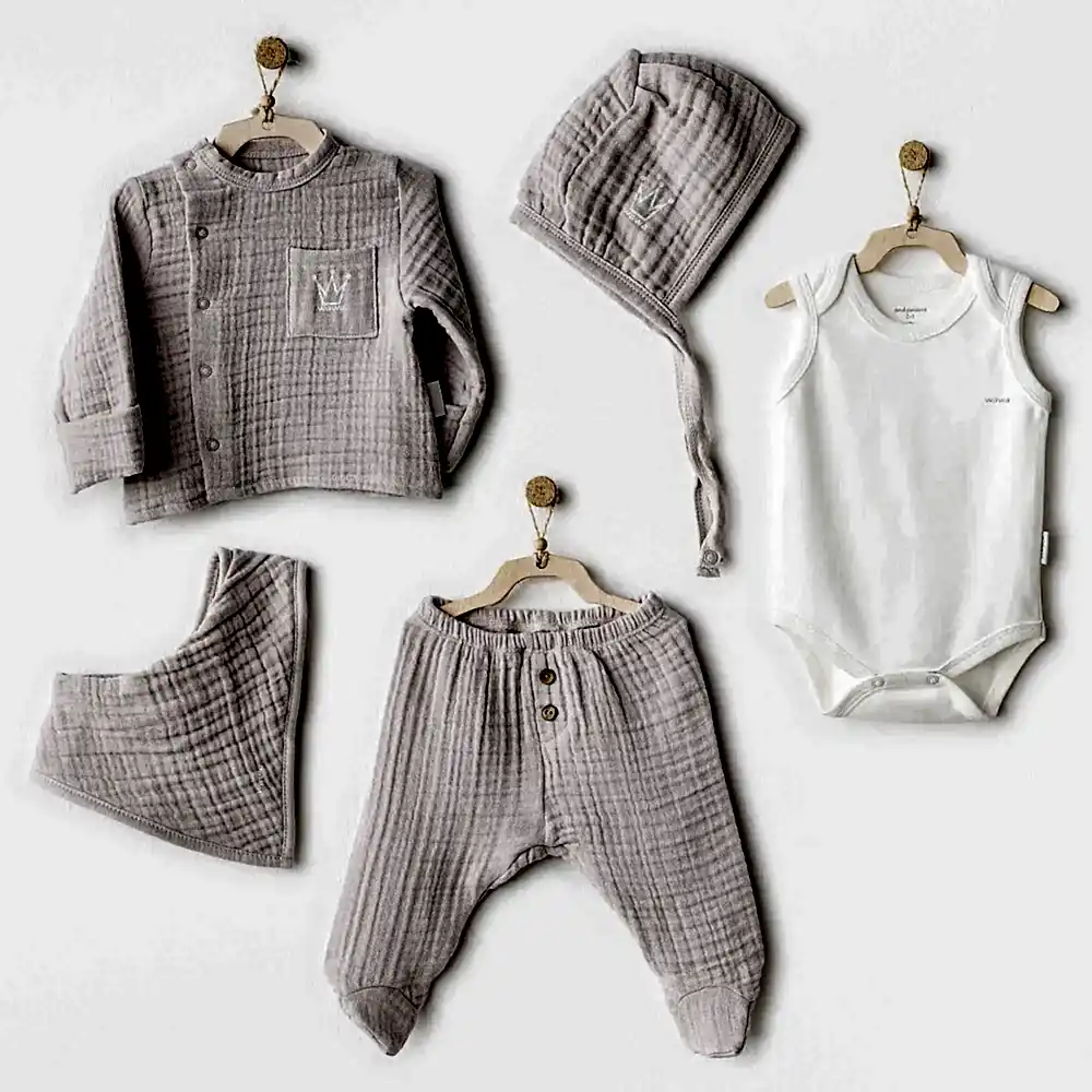 Andy Wawa Andywawa Erkek Bebek 5'li Müslin Hastane Çıkış Seti Gri - Hastane Çıkışı