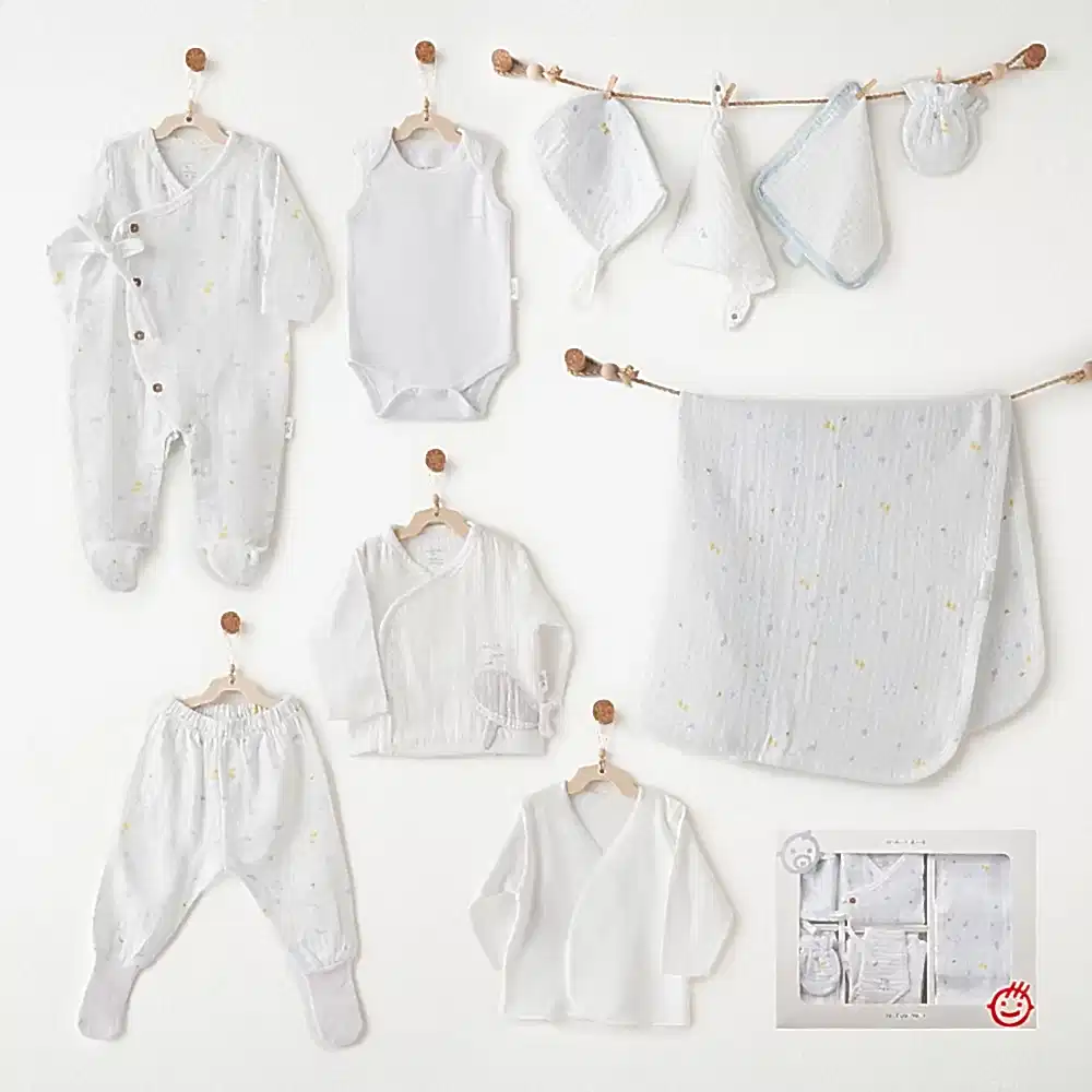 Andywawa Erkek Bebek 10'lu Hastane Çıkış Seti - Müslin Sea Life Beyaz