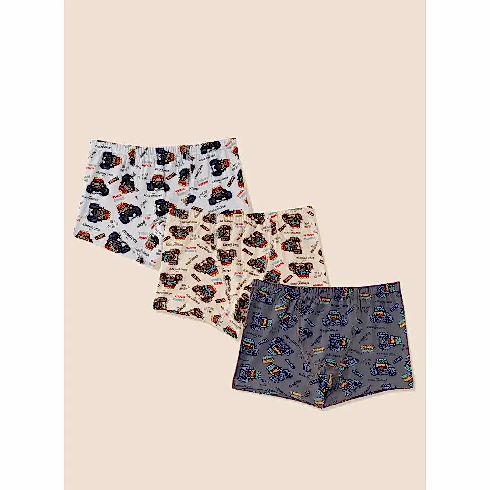 Natuline Erkek Çocuk Organik Pamuklu Likralı Boxer Araba Empirme 3'lü Paket Gri