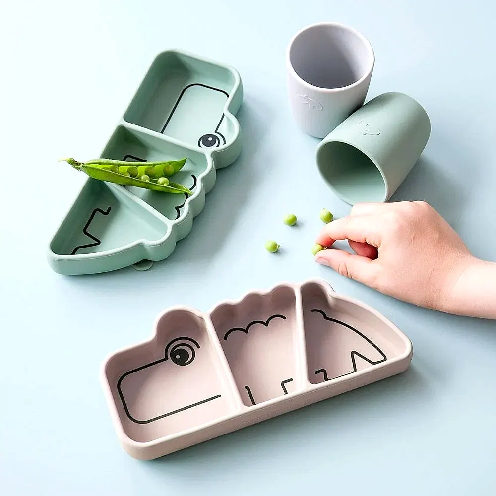 Done by Deer Croco Vakumlu Bölmeli Silikon Tabak - Pembe