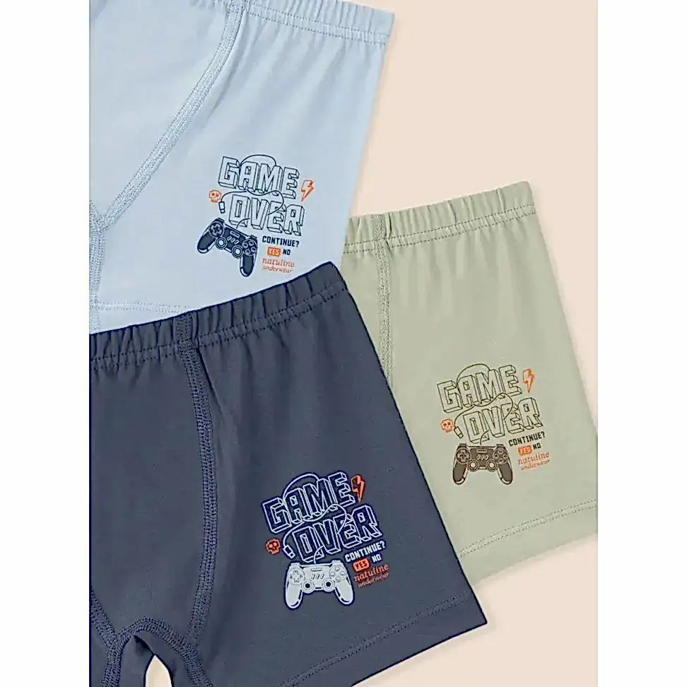 Natuline Erkek Çocuk Organik Pamuklu Likralı Boxer Game Over 3'lü Paket Mavi
