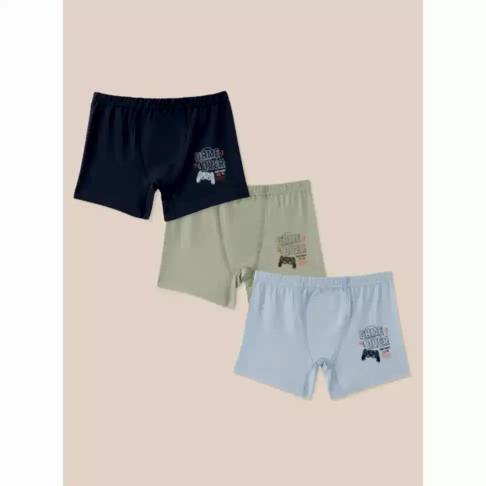 Natuline Erkek Çocuk Organik Pamuklu Likralı Boxer Game Over 3'lü Paket Mavi