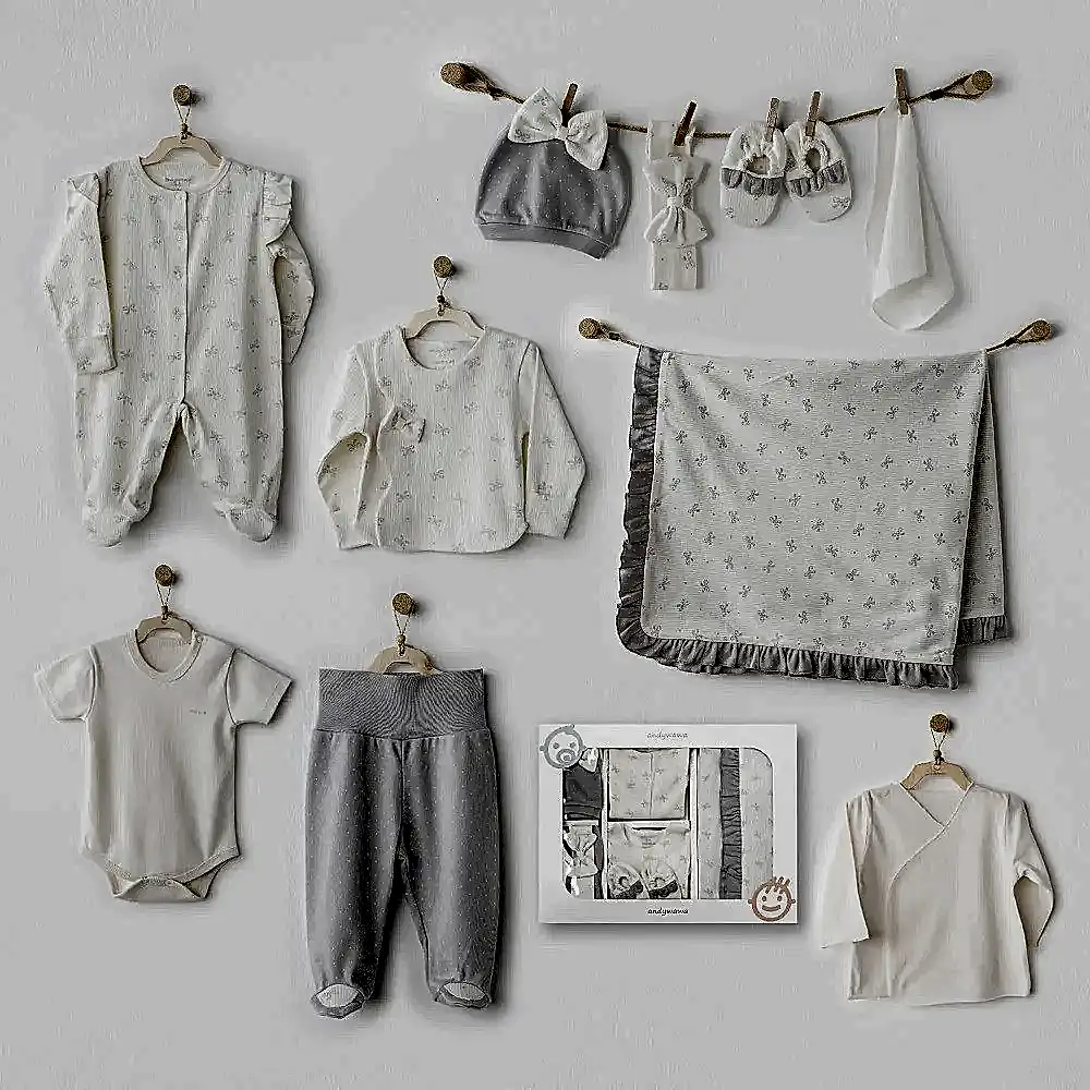 Andy Wawa Andywawa Erkek Bebek 10'lu Hastane Çıkış Seti- Baby Bow Bliss Gri - Hastane Çıkışı