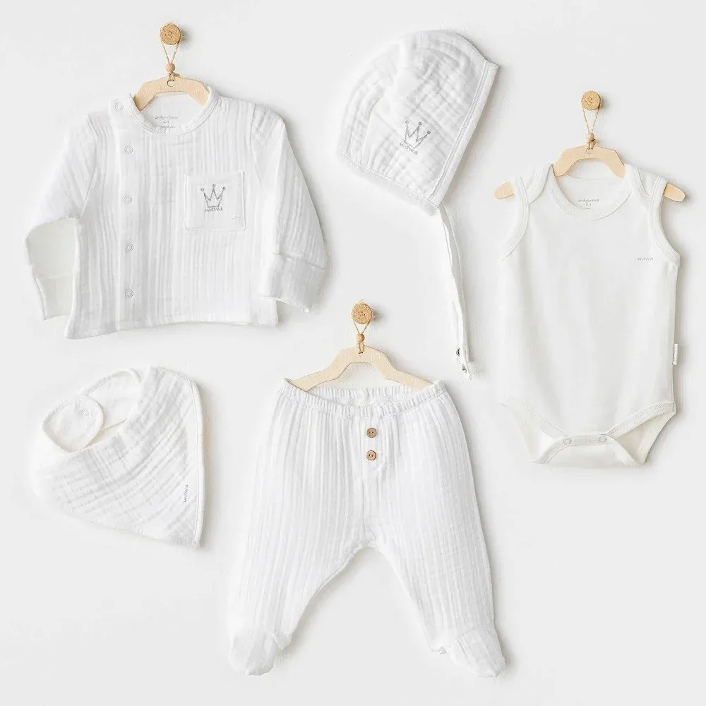 Andy Wawa Andywawa Erkek Bebek 5'li Müslin Hastane Çıkış Seti Beyaz - Hastane Çıkışı