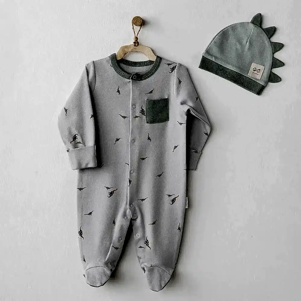 Andy Wawa Andywawa Kışlık Erkek Bebek Patikli Şapkalı Tulum 2'li Set- Dinozor Yeşil - Body,Tulum,Zıbın