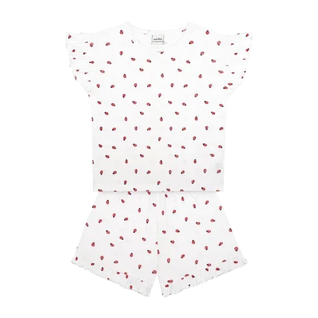 ANTEBİES Antebies Kız Çocuk Kısa Kollu Şortlu Organik Pijama Takımı- Uğur Böceği Ekru - Pijamalar - Görsel 2