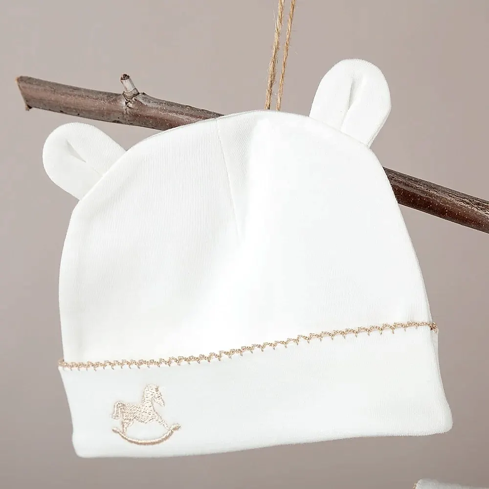 ChiMayys Baby Asil Bej Tığ İşi Süslemeli Çelenkli At Nakışlı Organik 6'lı Hastane Çıkışı Beyaz