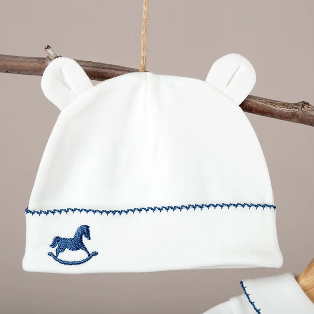 ChiMayys Baby Asil İndigo Tığ İşi Süslemeli Çelenkli At Nakışlı Organik 6'lı Hastane Çıkışı Beyaz