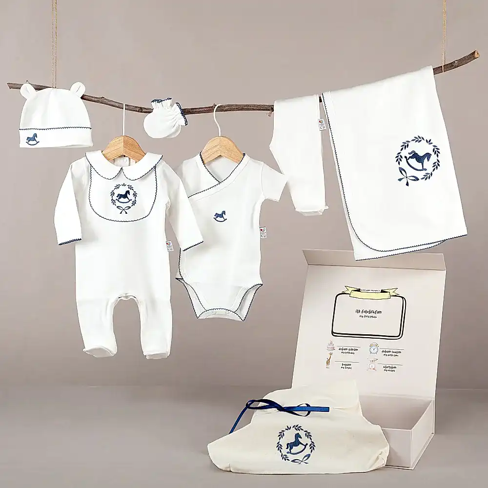 ChiMayys Baby Asil İndigo Tığ İşi Süslemeli Çelenkli At Nakışlı Organik 6'lı Hastane Çıkışı Beyaz