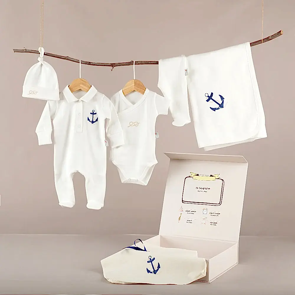 ChiMayys Baby Asil Marin Nakışlı Organik 5'li Hastane Çıkışı Beyaz