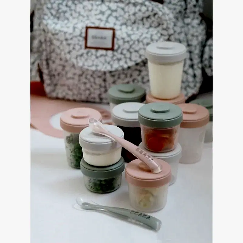 Beaba 12Li Saklama Kabı Ve Silikon Kaşık Seti Pink And Grey Lids - Çatal Kaşık Tabak - Görsel 2