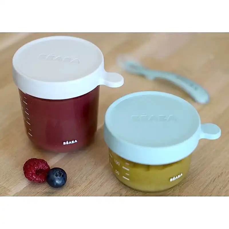 Beaba Bebek Cam Mama Saklama Kavanozu 2Li Set (150 Ml Green / 250 Ml Airy ) - Çatal Kaşık Tabak - Görsel 2