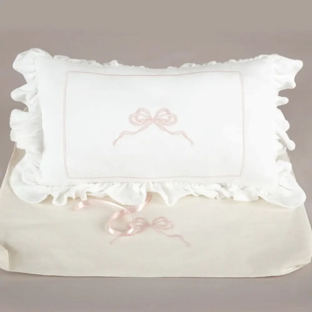 ChiMayys Baby Nazenin Pembe Fiyonk Nakışlı Ekru Tığ İşi Süslemeli Fırfırlı Dekoratif Yastık