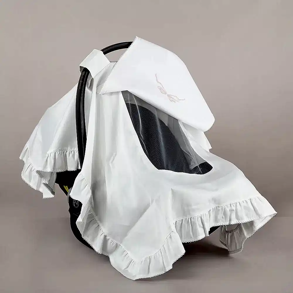 ChiMayys Baby Nazenin Pembe Fiyonk Nakışlı Ekru Tığ İşi Süslemeli Fırfırlı Puset Örtüsü