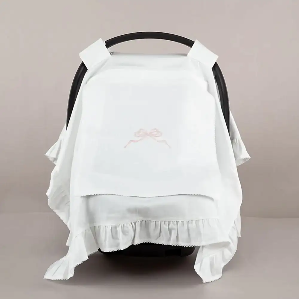 ChiMayys Baby Nazenin Pembe Fiyonk Nakışlı Ekru Tığ İşi Süslemeli Fırfırlı Puset Örtüsü