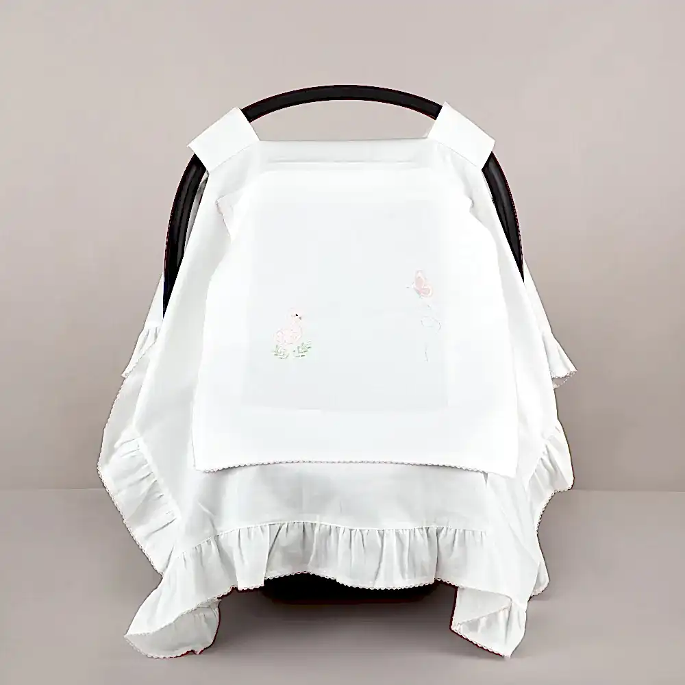 ChiMayys Baby Nazenin Flamingo Nakışlı Pembe Tığ İşi Süslemeli Fırfırlı Puset Örtüsü