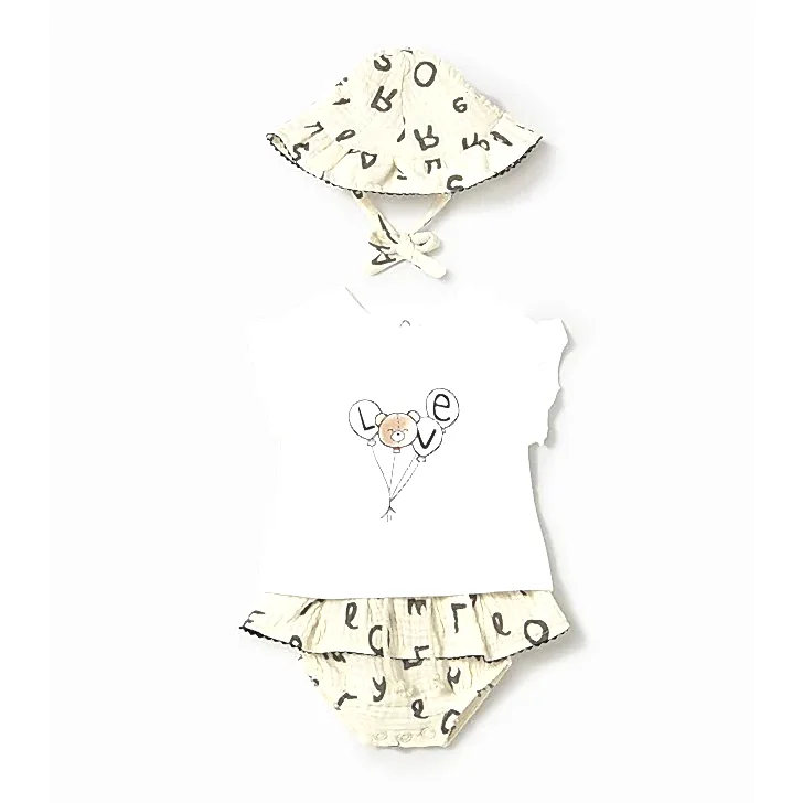 Mayoral Yazlık Kız Bebek Bluz Etek Şapka Set Ekru