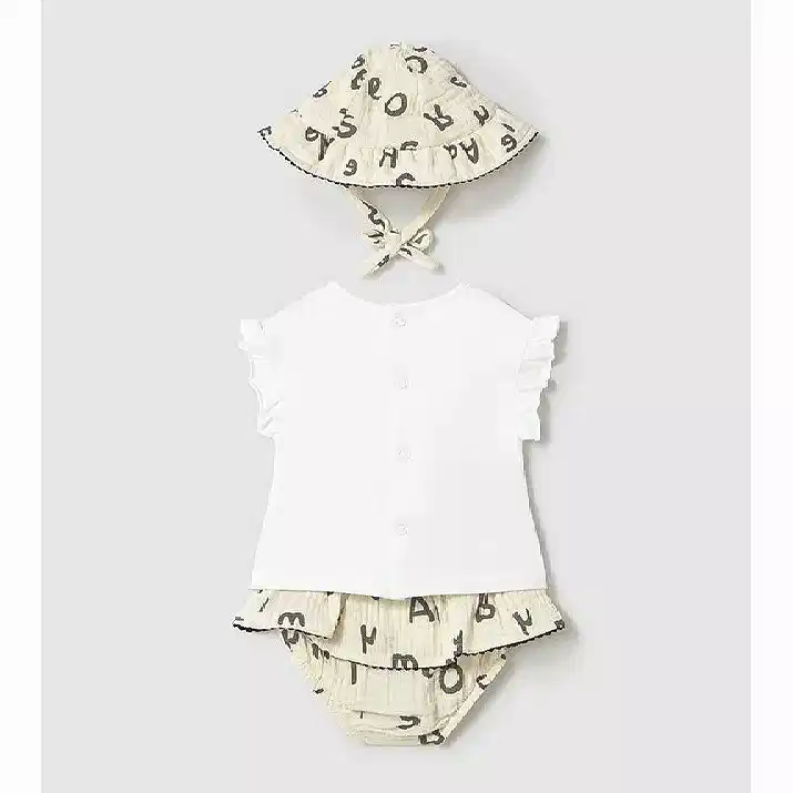 Mayoral Yazlık Kız Bebek Bluz Etek Şapka Set Ekru