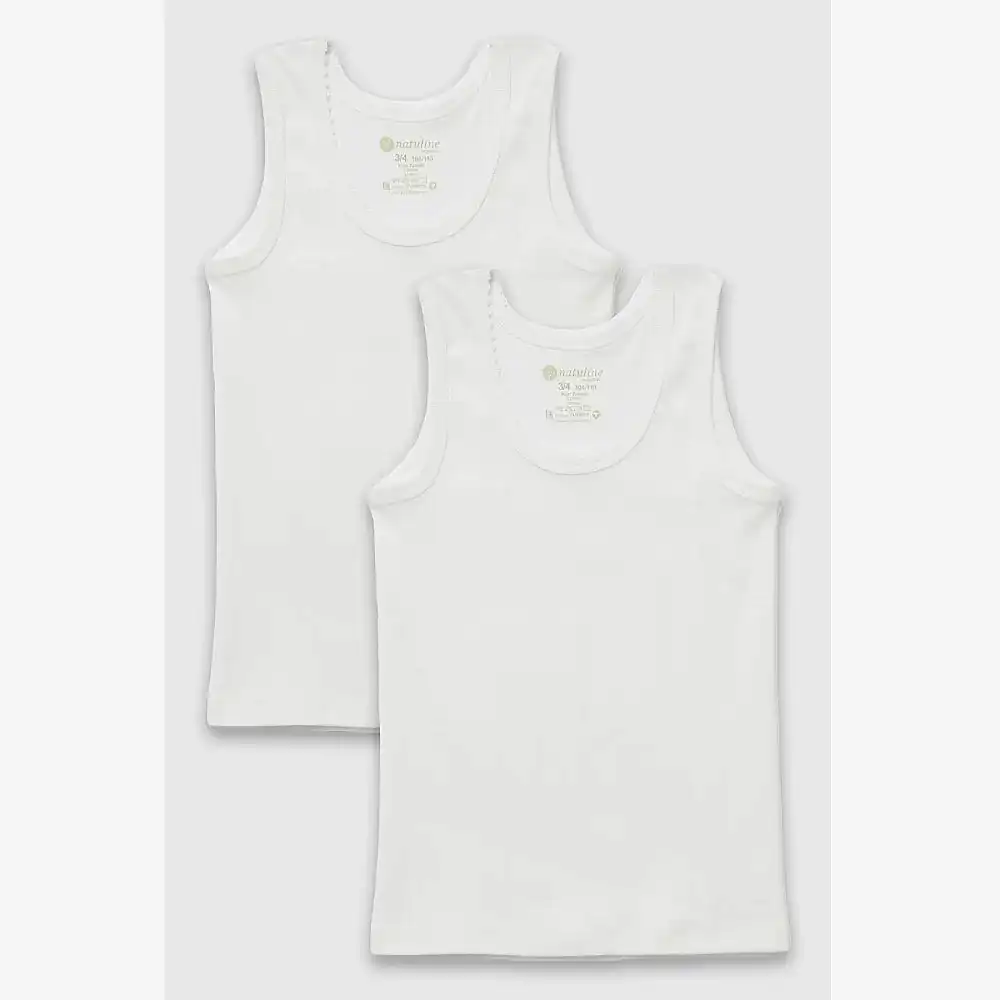 Natuline Organik Pamuklu Kız Çocuk Ribana Kroşatalı 2'li Atlet Beyaz