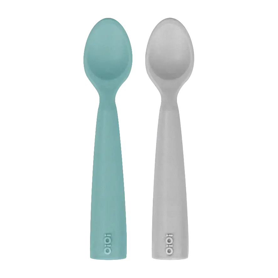OiOi Silikon Mama Kaşığı Nam Nam 2'li Kaşık Aqua Green / Powder Grey