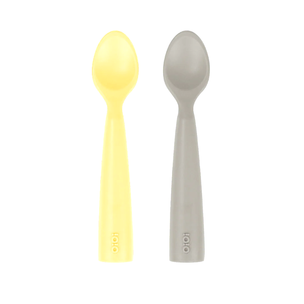 OiOi Silikon Mama Kaşığı Nam Nam 2'li Kaşık Mellow Yellow / Powder Grey