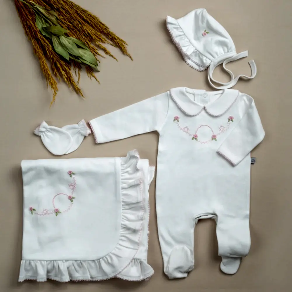 ChiMayys Baby Royal Pembe Rokoko El Nakışlı Organik 5'li Hastane Çıkışı Beyaz