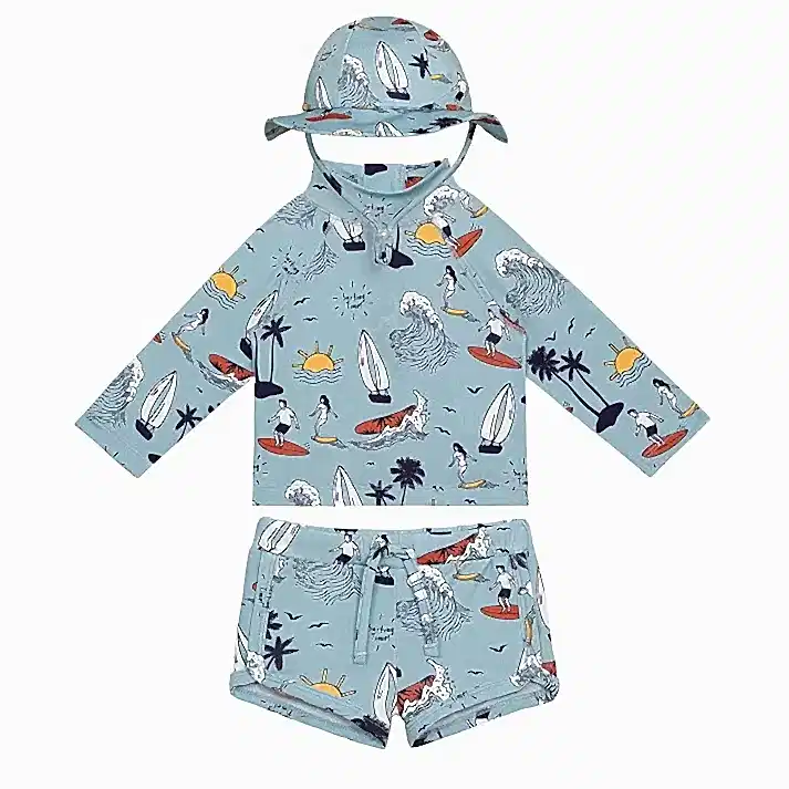 Sand Mother UPF 50+ 3'lü Uzun Kollu Şort Mayo Set - Surfing Time Mavi