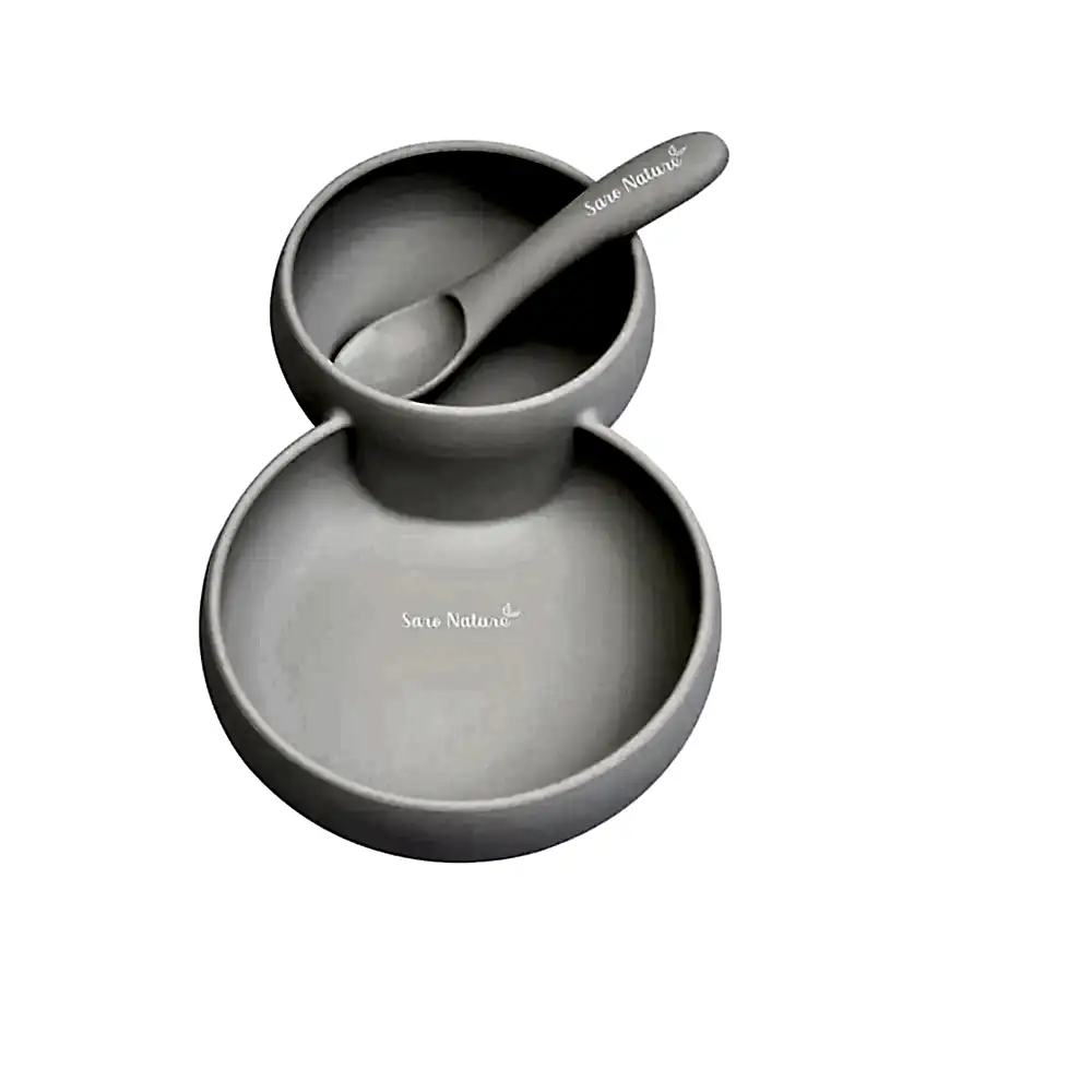 Saro Silikon İkiz Tabak Kase ve Kaşık Seti- Gri