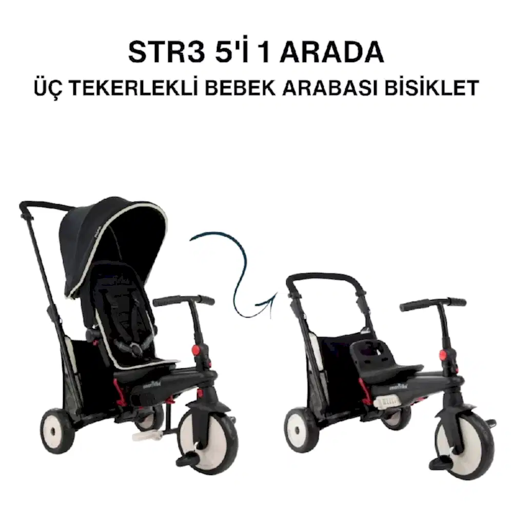 SmarTrike STR3 Plus 5’i 1 Arada Modüler Katlanabilir Bebek Arabası ve Üç Tekerlekli Bebek Bisikleti - Siyah