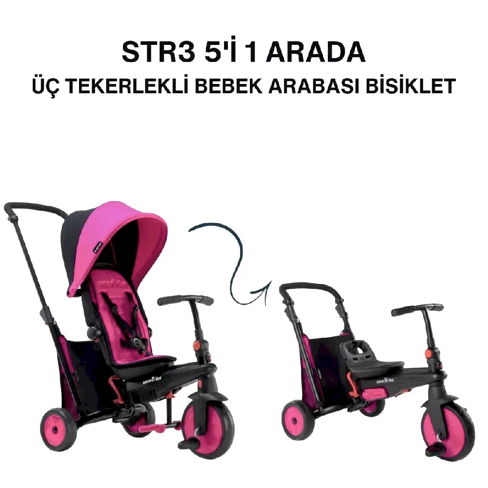 SmarTrike STR3 Plus 5’i 1 Arada Modüler Katlanabilir Bebek Arabası ve Üç Tekerlekli Bebek Bisikleti - Pembe
